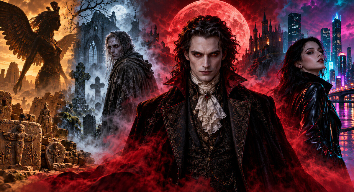 Historia del vampiro desde los espíritus antiguos y los muertos vivientes hasta el vampiro moderno.