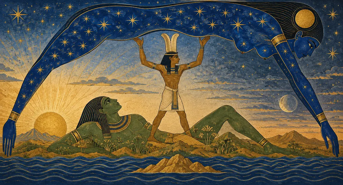 Shu sostiene a Nut, la diosa del cielo estrellado, sobre Geb, dios de la tierra, junto a las aguas primordiales.